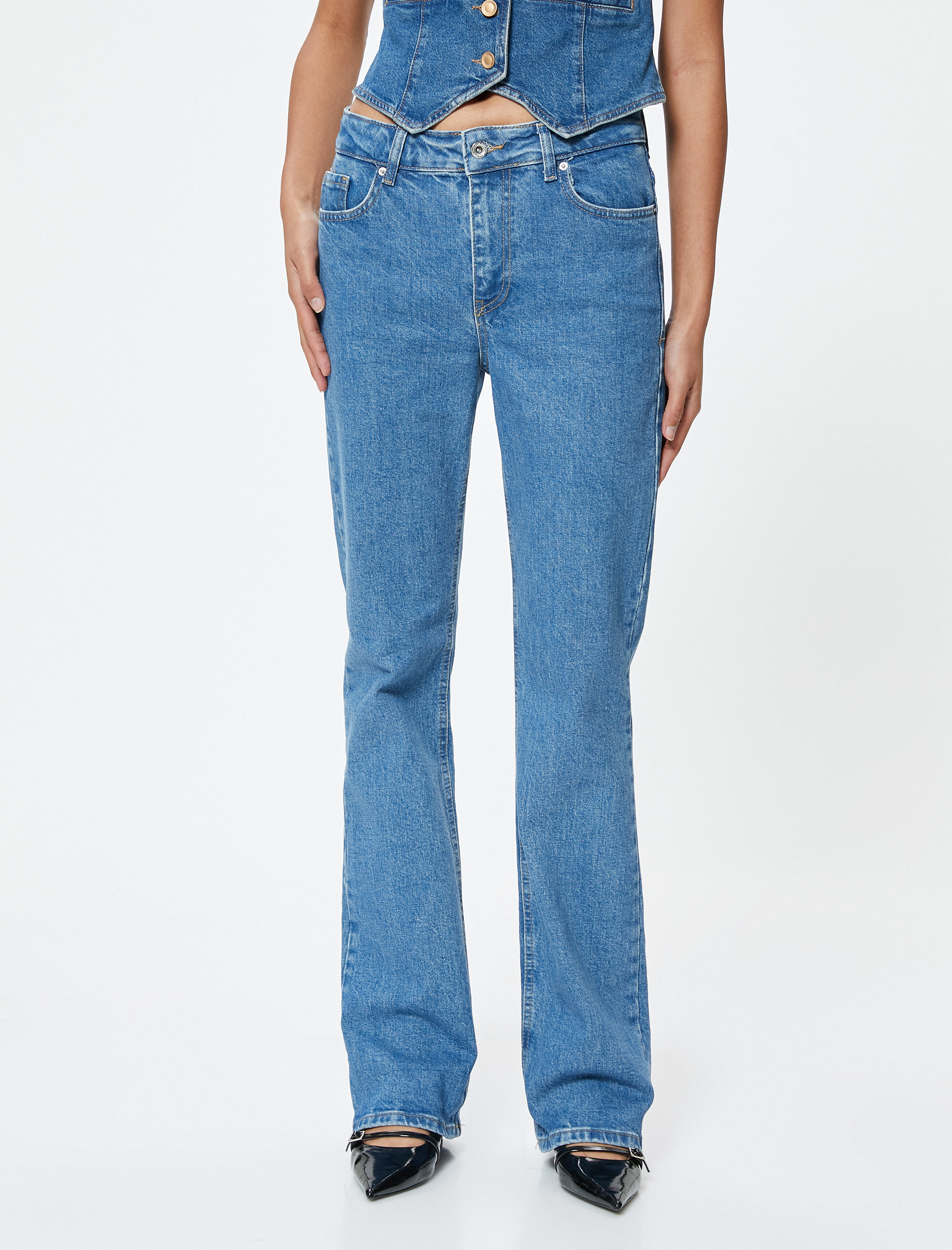   İspanyol Paça Kot Pantolon Yüksek Bel Cepli - Flare Slim Jeans