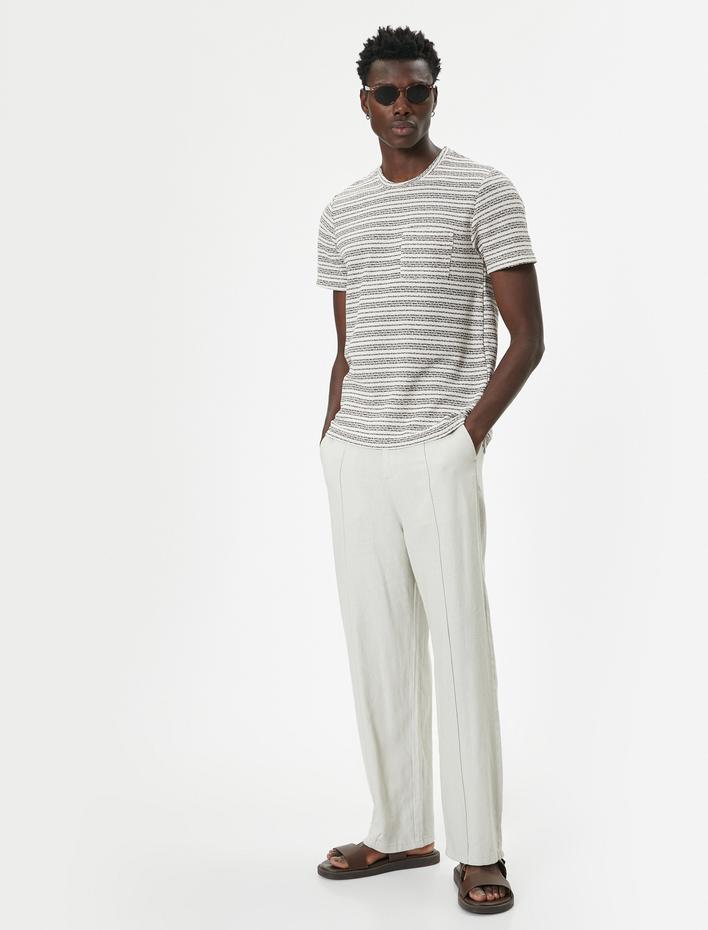  Çizgili Tişört Cep Detaylı Bisiklet Yaka Kısa Kollu