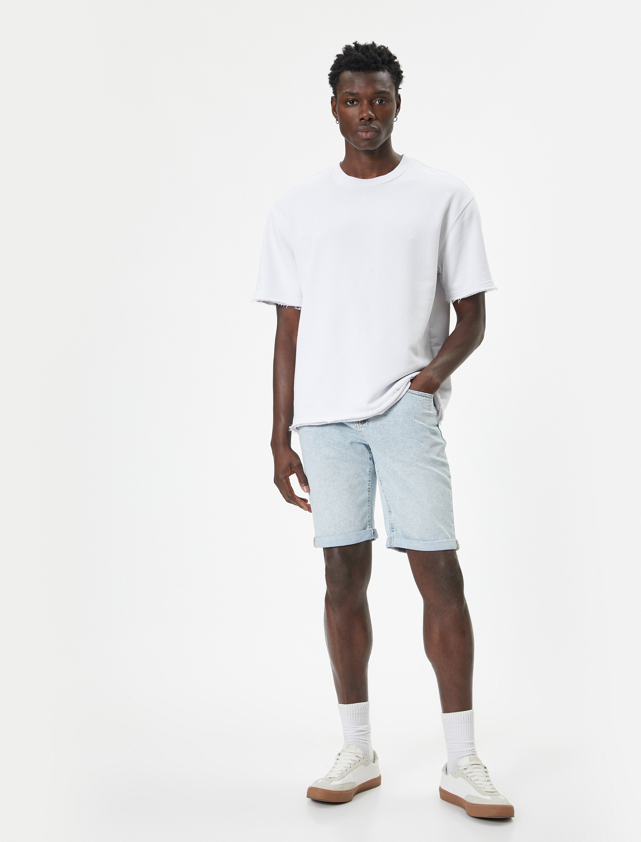   Slim Fit Kot Şort Bermuda Düğmeli Cep Detaylı