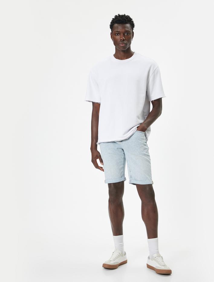  Slim Fit Kot Şort Bermuda Düğmeli Cep Detaylı