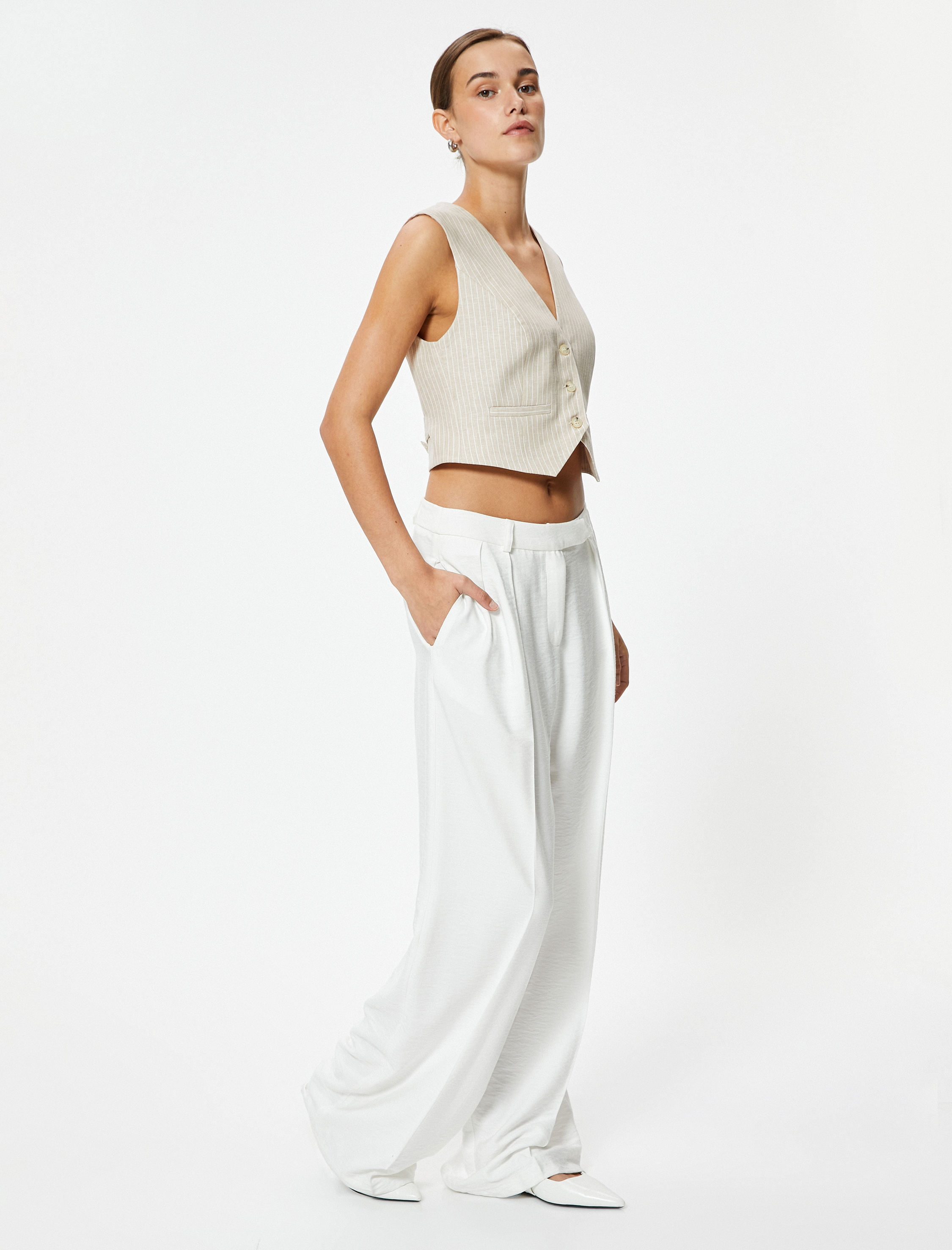   Keten Yelek Crop Slim Fit V Yaka Astarlı