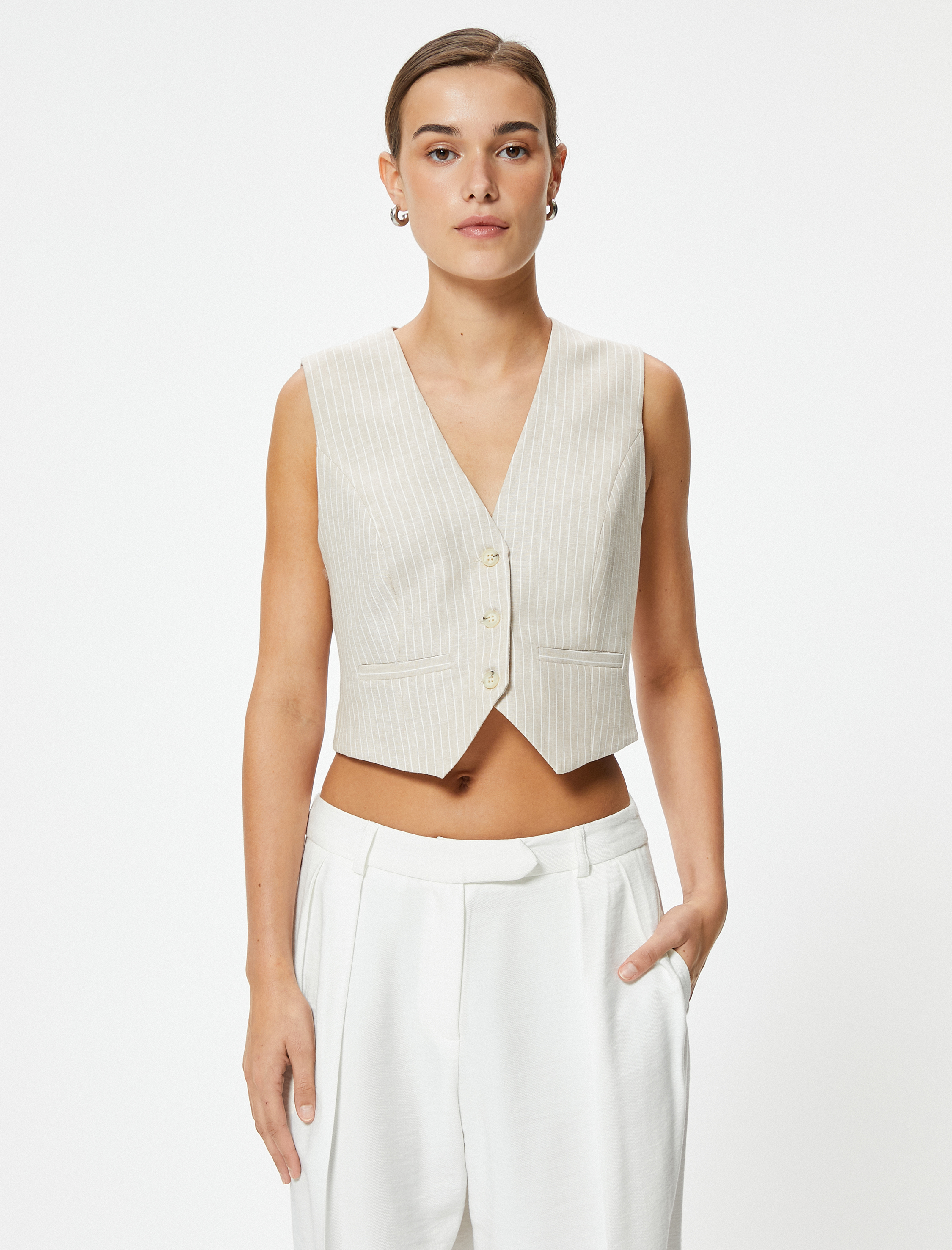   Keten Yelek Crop Slim Fit V Yaka Astarlı