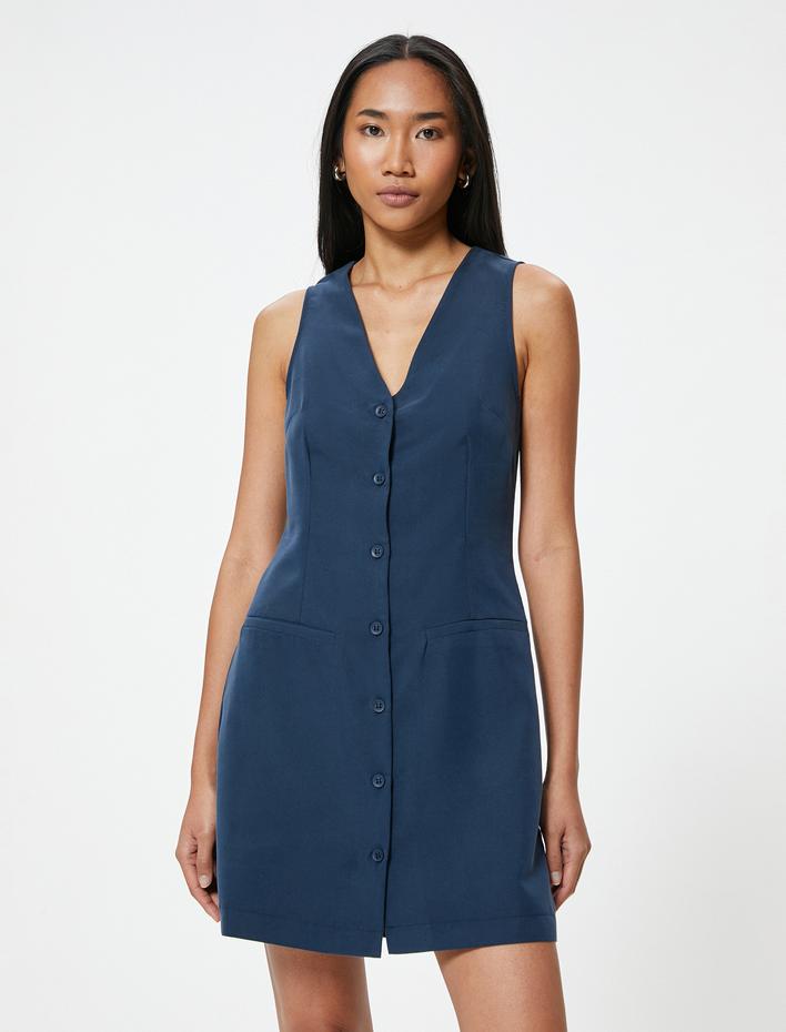  Mini Jile Elbise Modal Kumaş Düğmeli V Yaka A Kesim