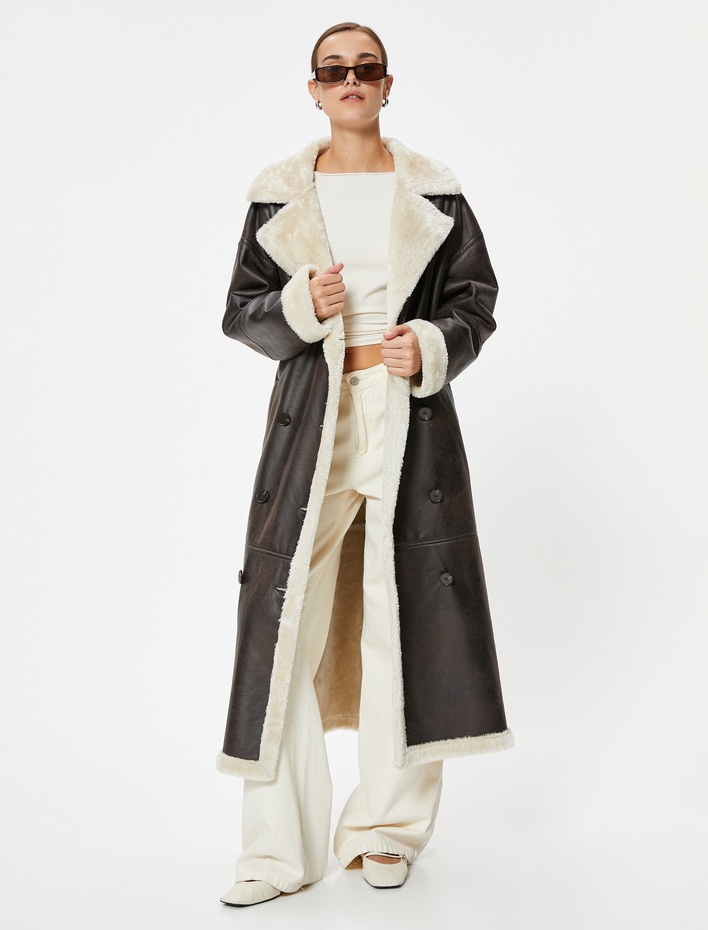  Suni Kürk Yaka Suni Deri Uzun Kaban Düğmeli Kemerli Cepli