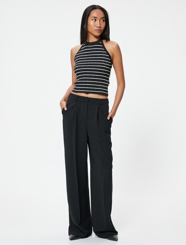  Çizgili Halter Yaka Kolsuz Triko Üst