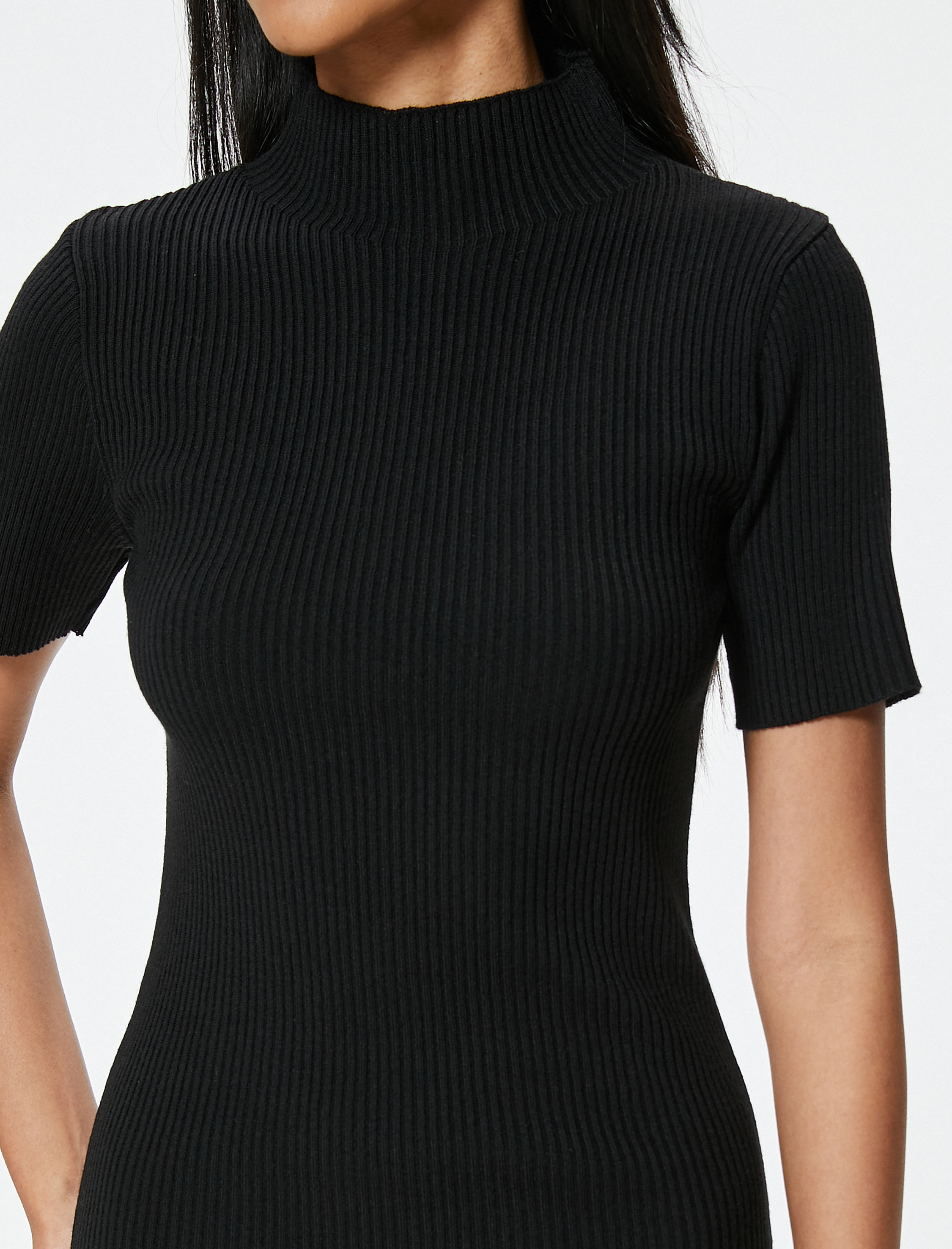   Kalem Triko Elbise Mini Boy Kısa Kollu Dik Yaka Fitilli