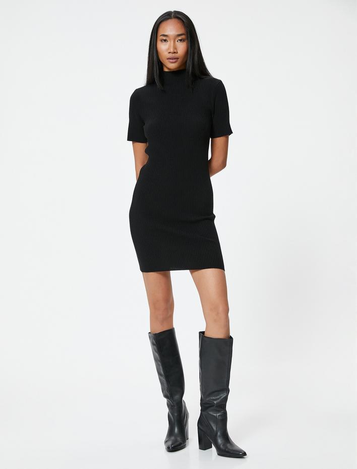  Kalem Triko Elbise Mini Boy Kısa Kollu Dik Yaka Fitilli