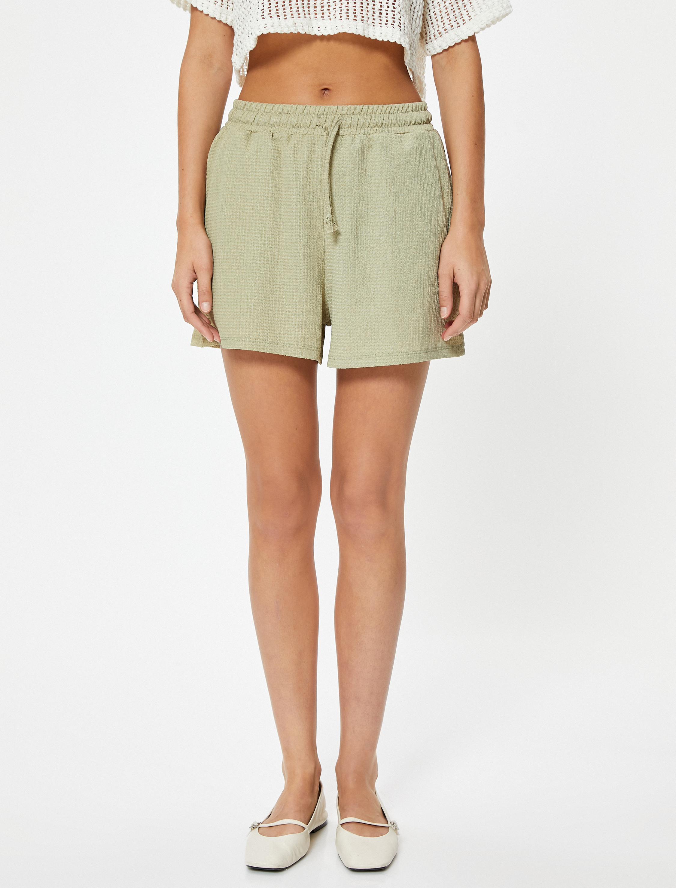   Mini Şort Dokulu Beli Bağlamalı Cepli