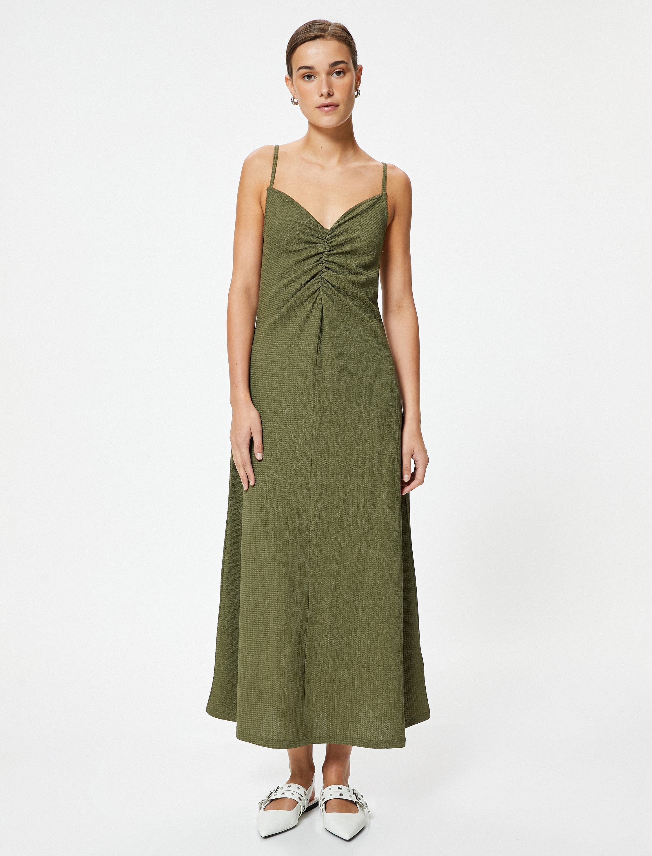   Uzun Askılı Elbise Drape Detaylı Dokulu