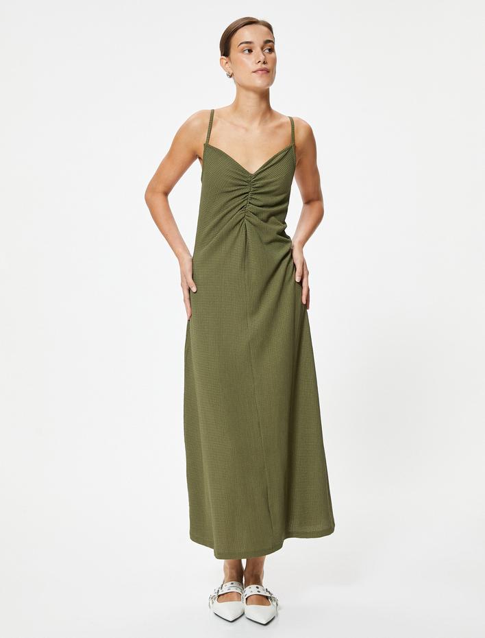  Uzun Askılı Elbise Drape Detaylı Dokulu
