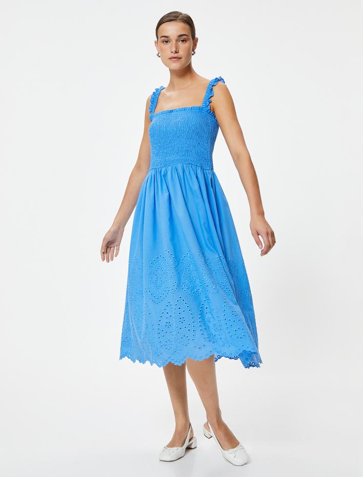  Askılı Midi Boy Fisto Elbise Fırfırlı Gipeli Pamuklu