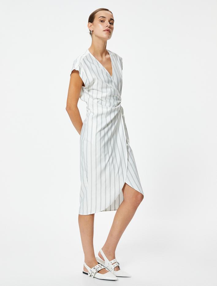  Midi Kruvaze Elbise Kolsuz Kemer Detaylı Slim Fit