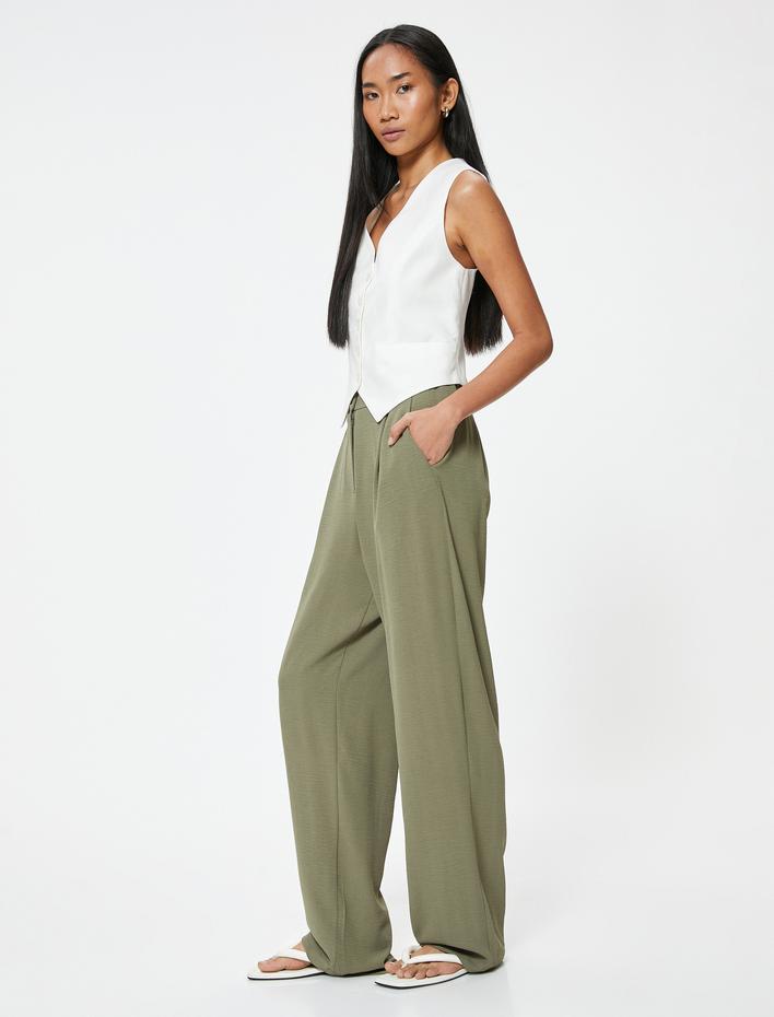  Bol Paça Pantolon Normal Bel Cep Detaylı