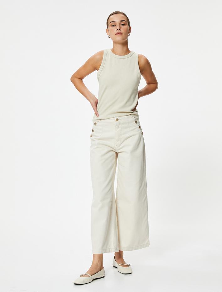  Crop Geniş Paça Kot Pantolon Yüksek Bel Düğmeli - Bianca Wide Leg Jean