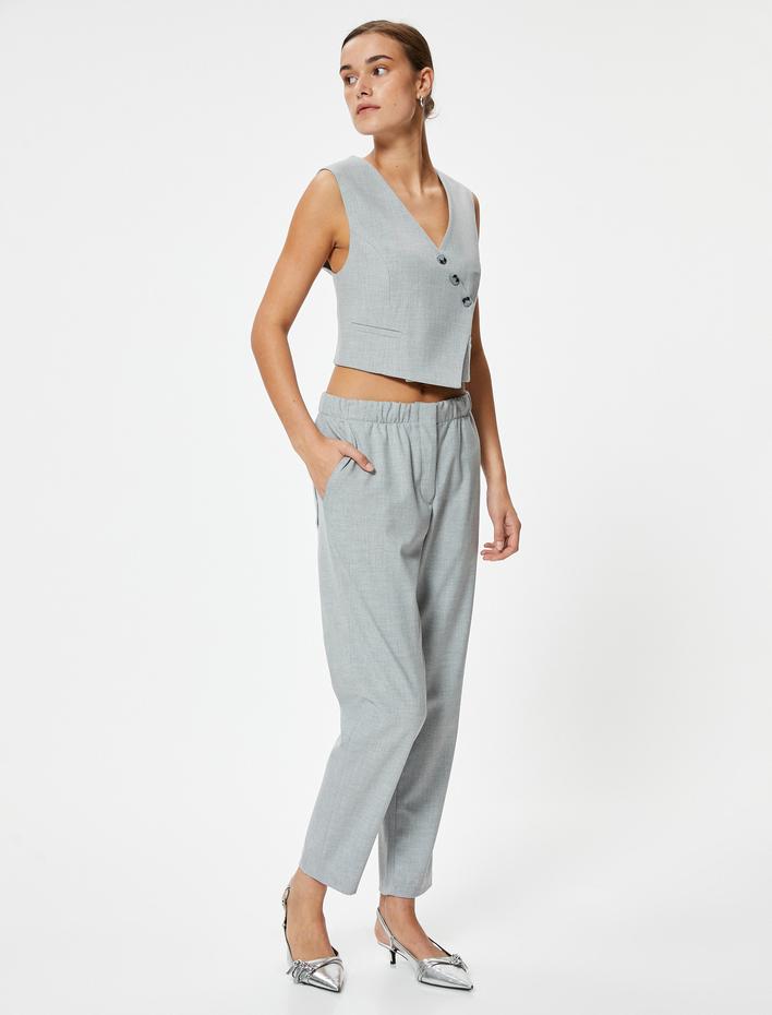  Elastik Belli Kumaş Pantolon Cepli