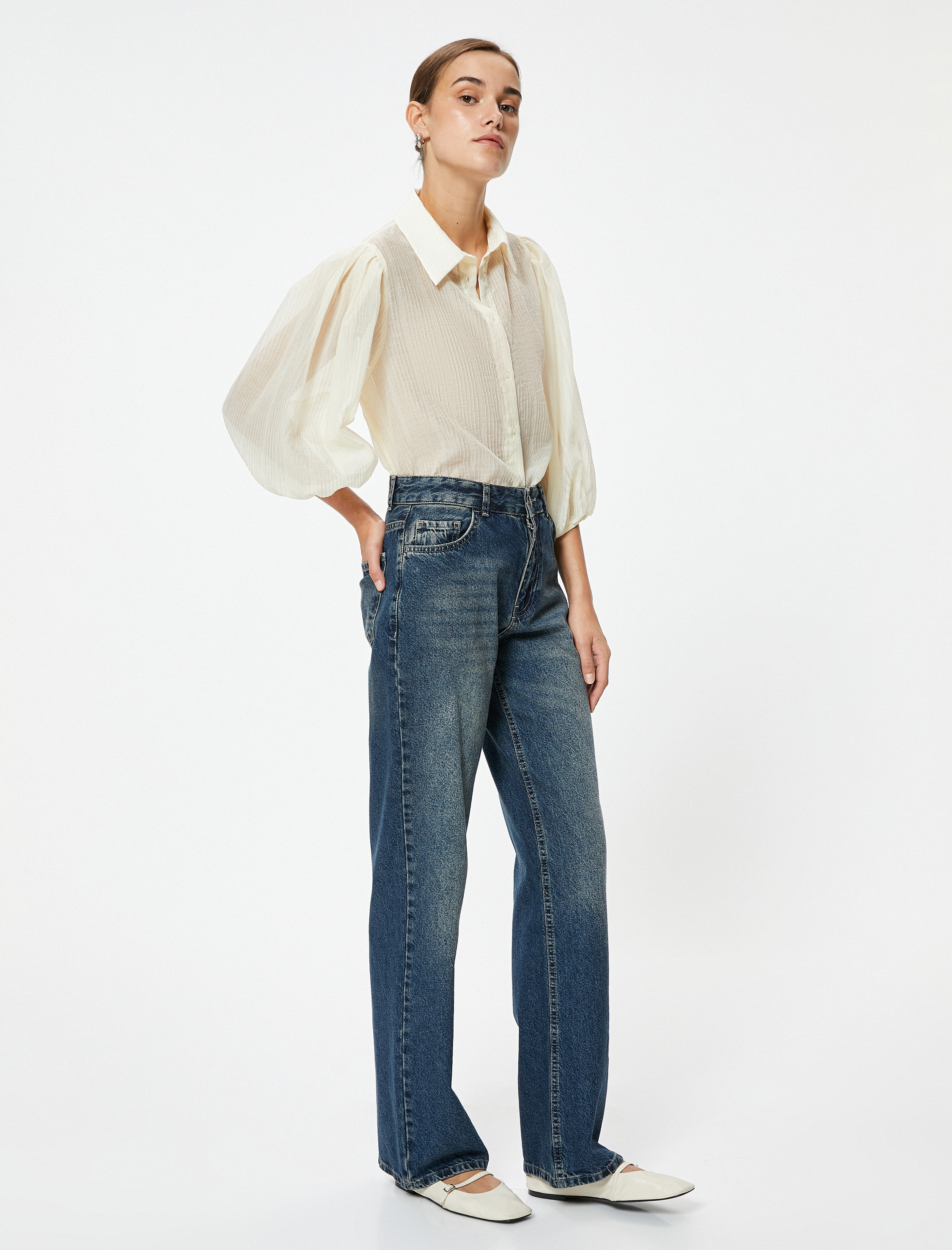   Balon Kol Gömlek Yarı Transparan 3/4 Kol Dokulu