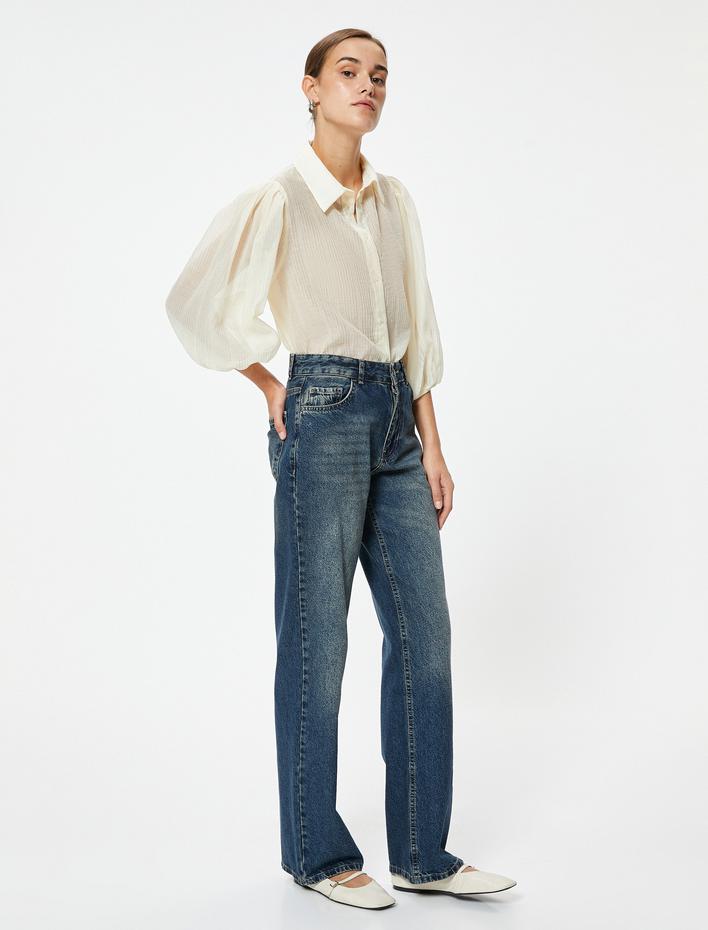  Balon Kol Gömlek Yarı Transparan 3/4 Kol Dokulu