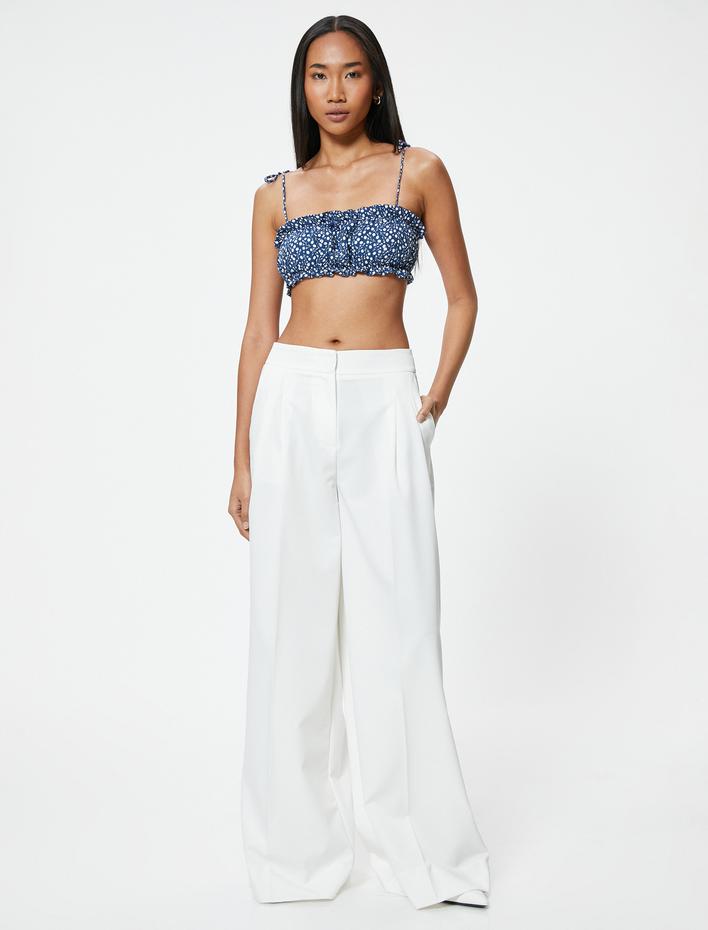  Çiçekli Fırfırlı Crop Büstiyer İnce Askılı Bağlamalı Viskon Kumaş