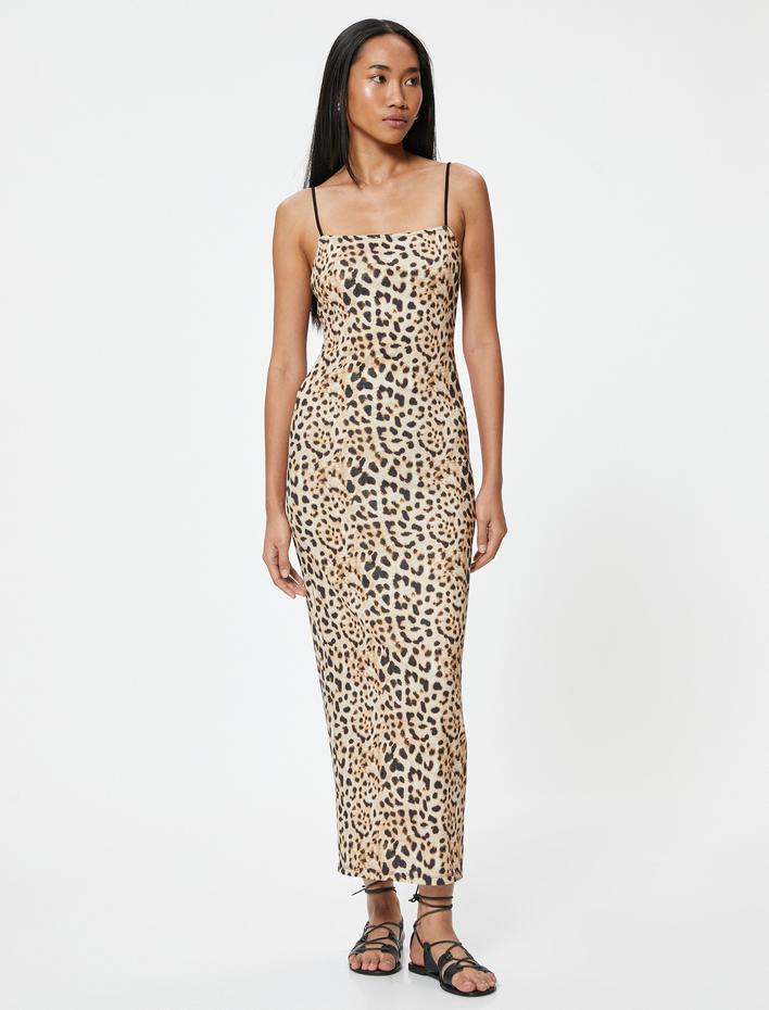  Uzun Leopar Desenli Elbise İnce Askılı Arkası Dekolteli Slim Fit