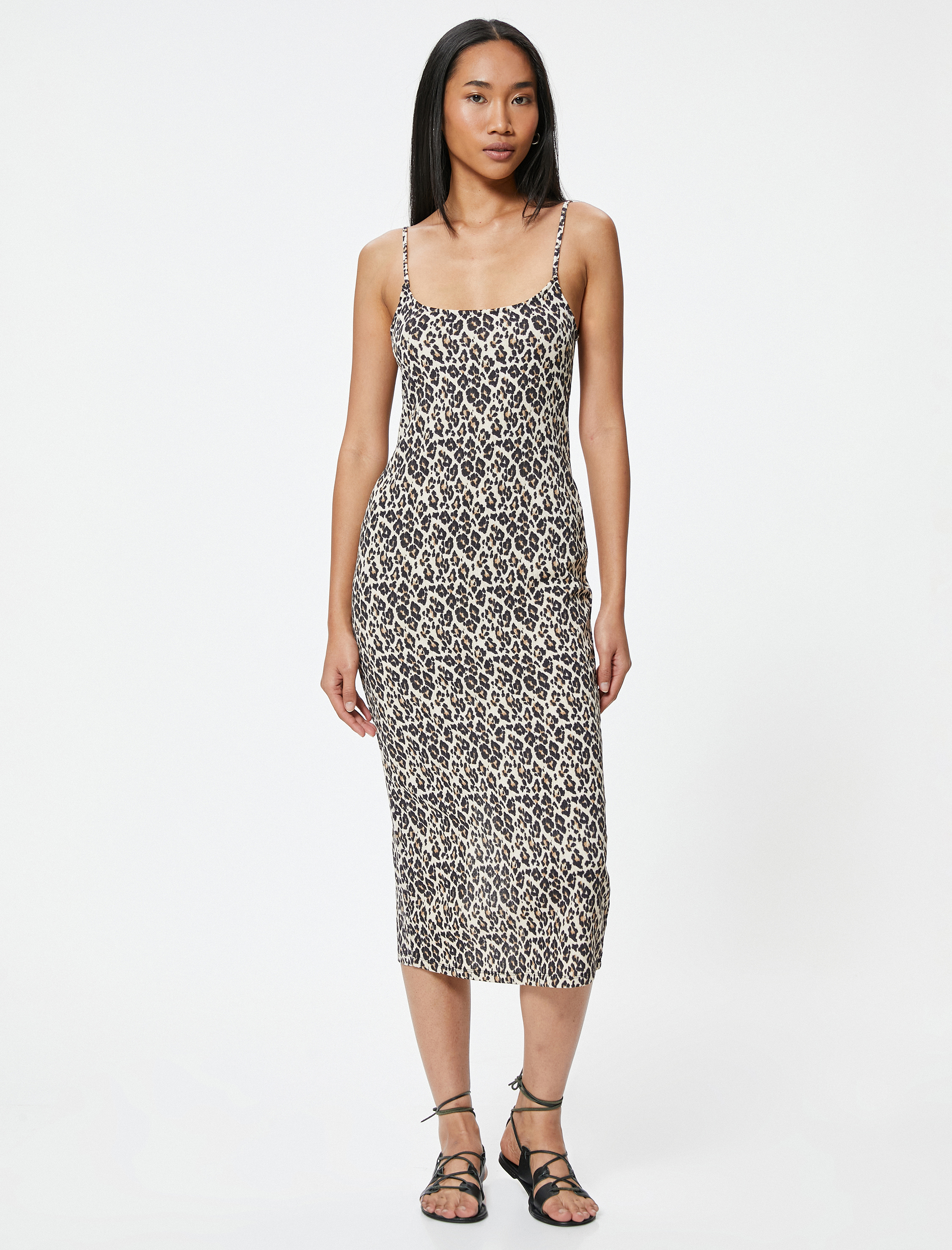   Leopar Desenli Elbise Midi Boy İnce Askılı Slim Fit