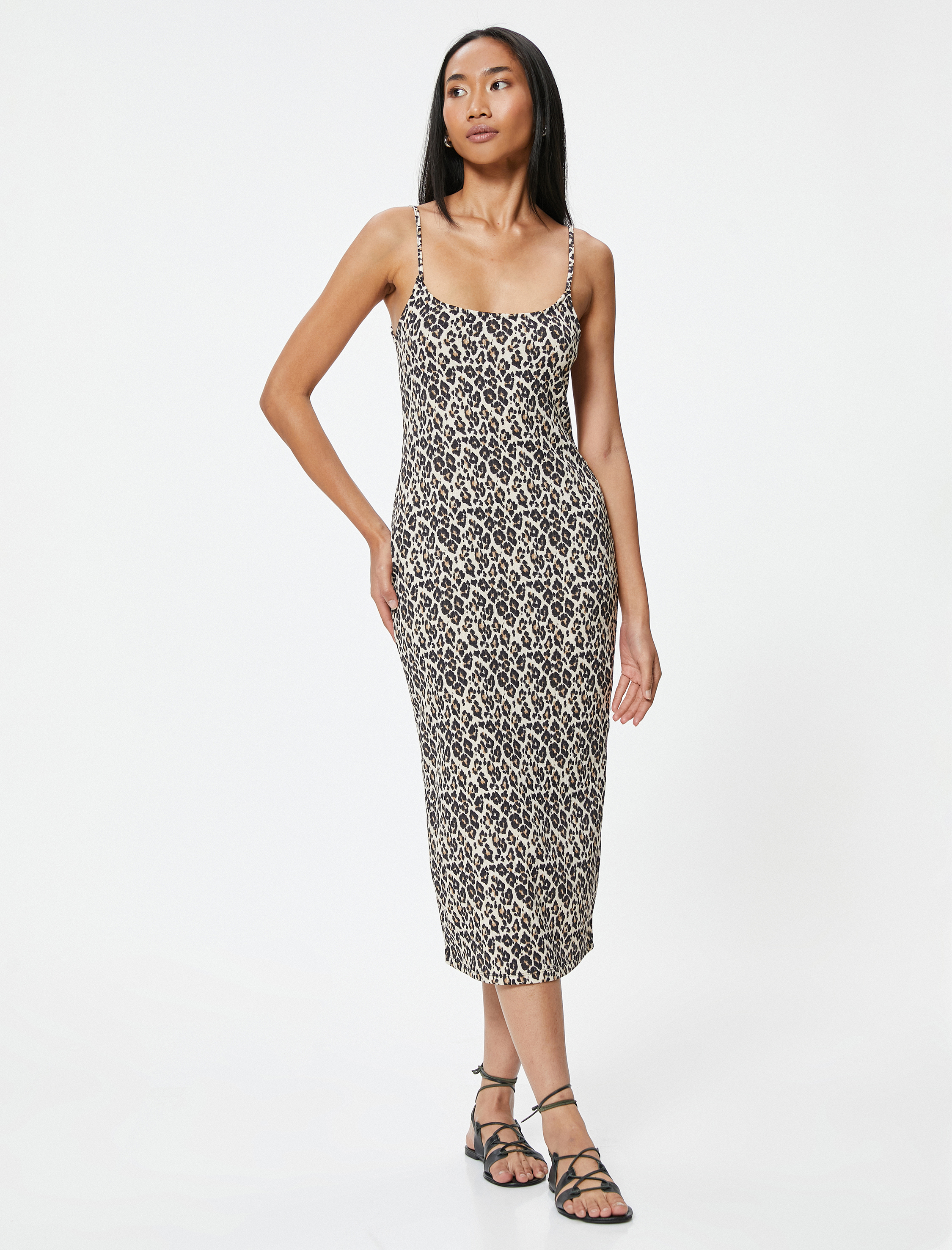   Leopar Desenli Elbise Midi Boy İnce Askılı Slim Fit