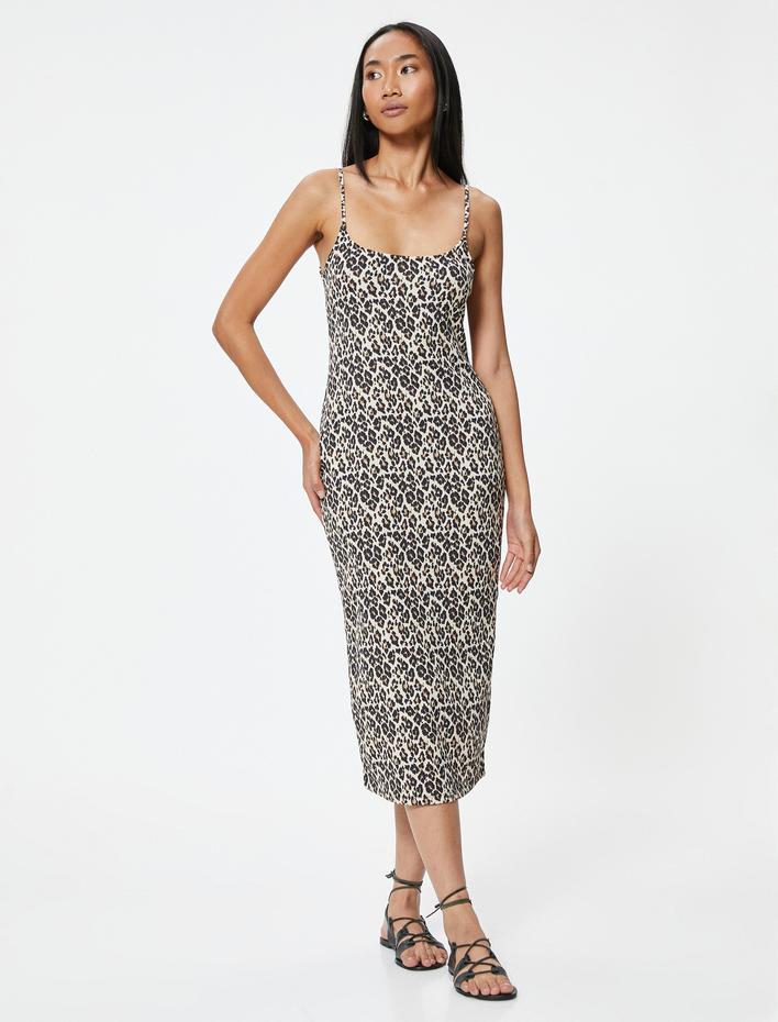  Leopar Desenli Elbise Midi Boy İnce Askılı Slim Fit