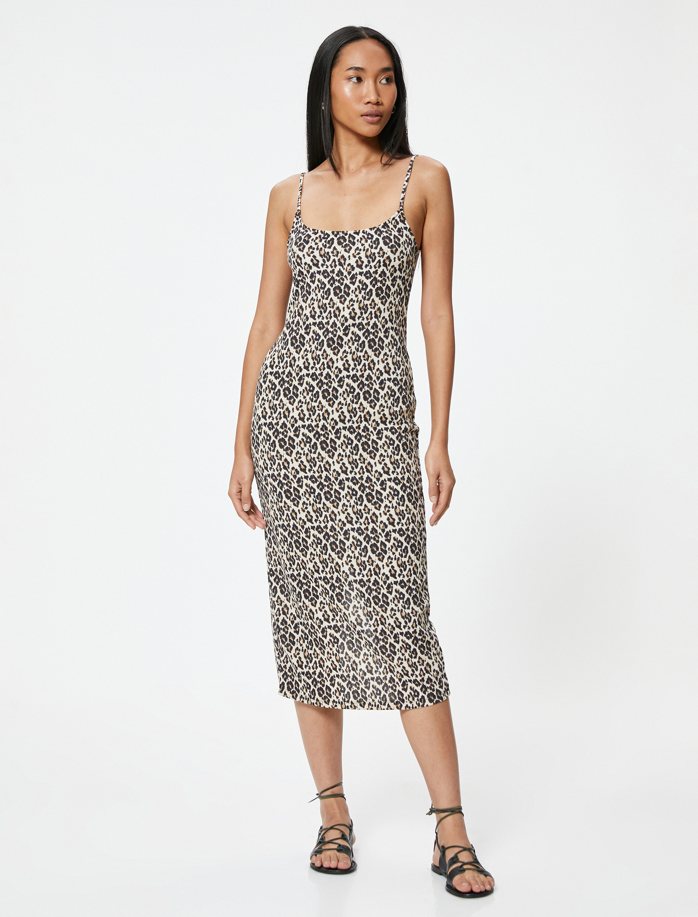   Leopar Desenli Elbise Midi Boy İnce Askılı Slim Fit