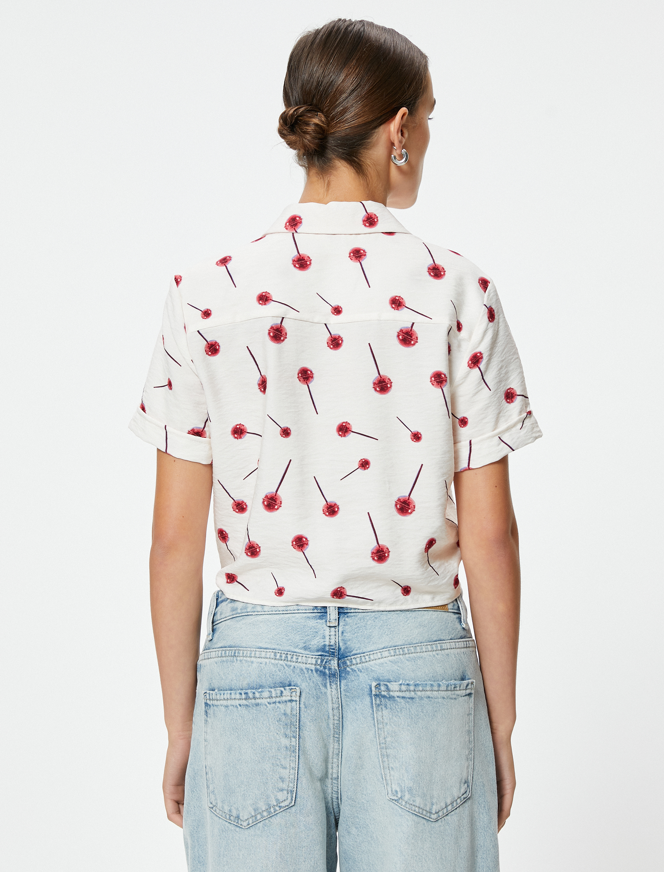   Lolipop Baskılı Crop Gömlek Bağlama Detaylı Kısa Kollu