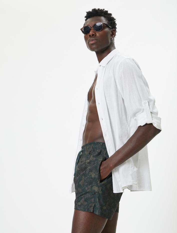  Deniz Şortu Kısa Oversize Soyut Baskılı Beli Bağcıklı