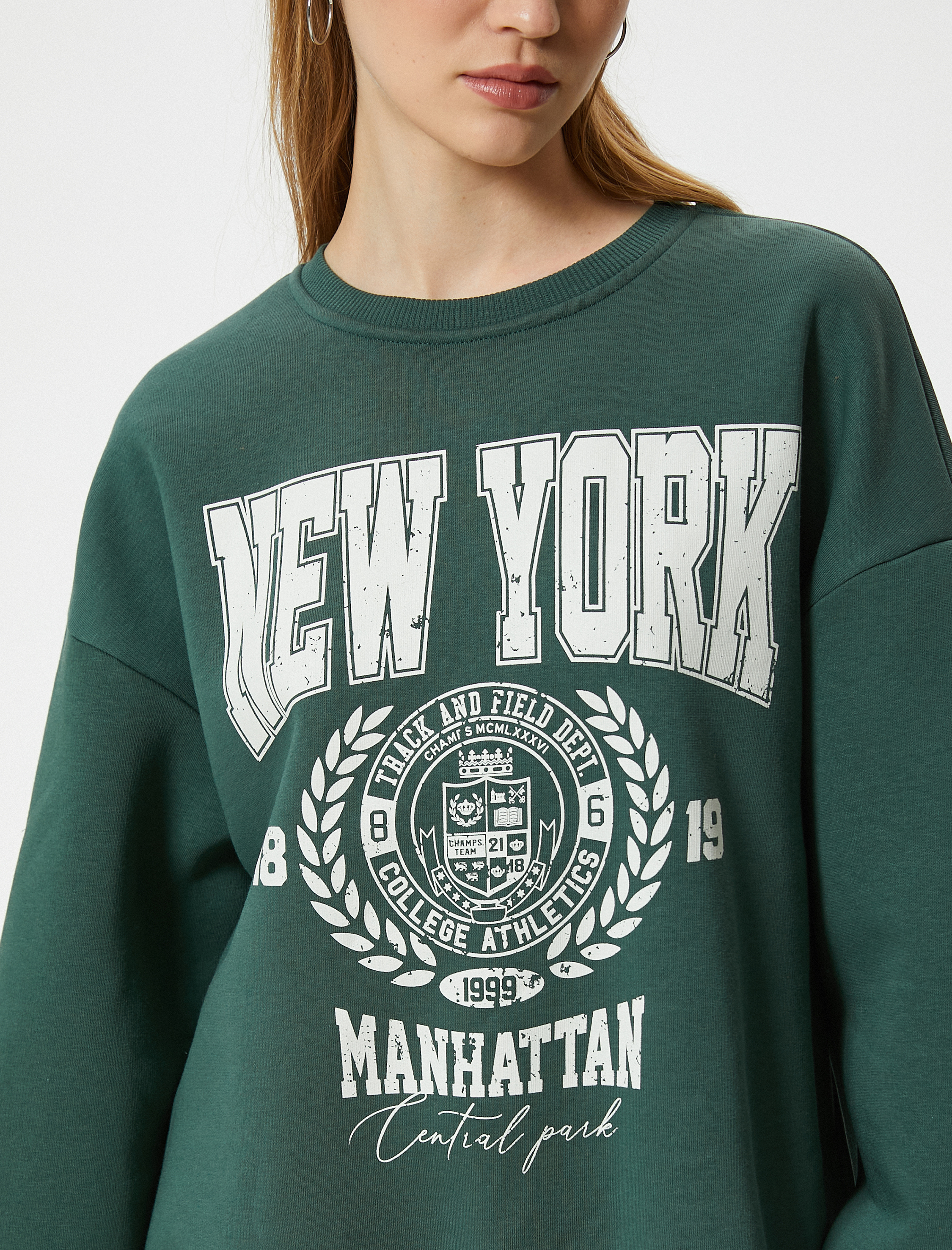   Şardonlu Oversize Sweatshirt Kolej Baskılı Bisiklet Yaka Uzun Kollu