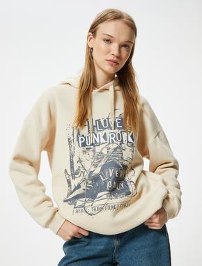 Oversize Kapüşonlu Sweatshirt Slogan Baskılı Uzun Kollu