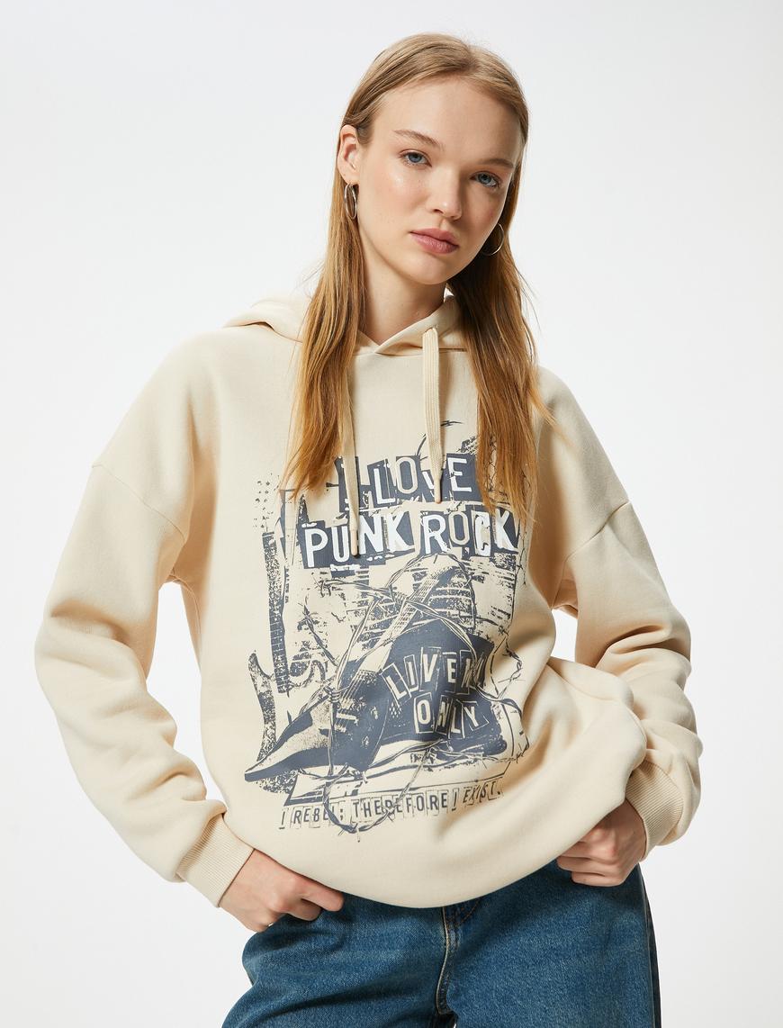   Şardonlu Oversize Kapüşonlu Sweatshirt Slogan Baskılı Uzun Kollu