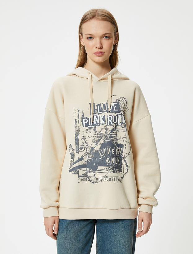 Oversize Kapüşonlu Sweatshirt Slogan Baskılı Uzun Kollu_2