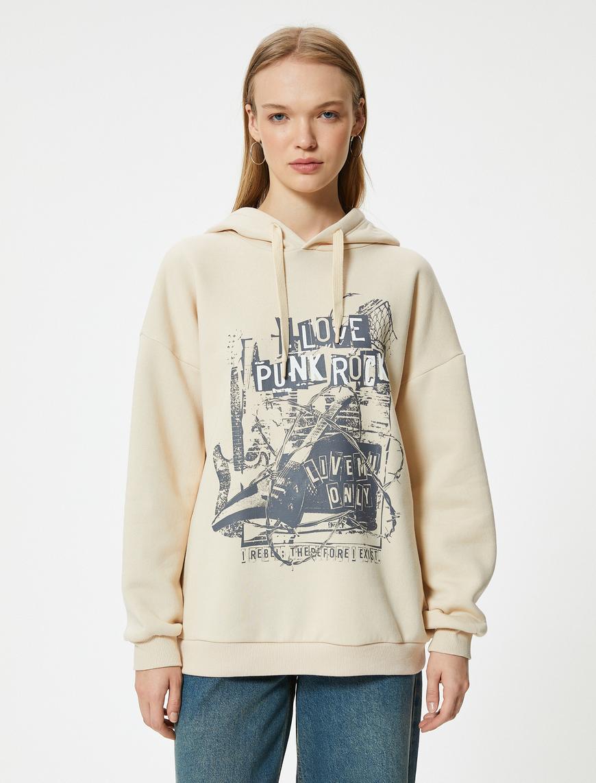   Şardonlu Oversize Kapüşonlu Sweatshirt Slogan Baskılı Uzun Kollu