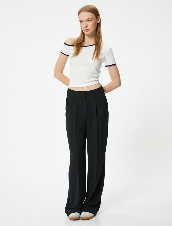  Kayık Yaka Tişört Biyeli Düşük Omuzlu Kısa Kollu Slim Fit