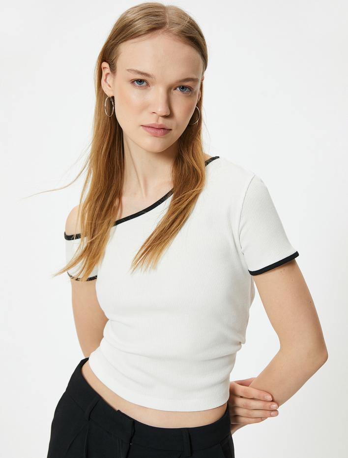  Kayık Yaka Tişört Biyeli Düşük Omuzlu Kısa Kollu Slim Fit