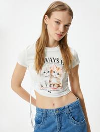 Crop Tişört Kedi Baskılı Bisiklet Yaka Slim Fit Kısa Kollu