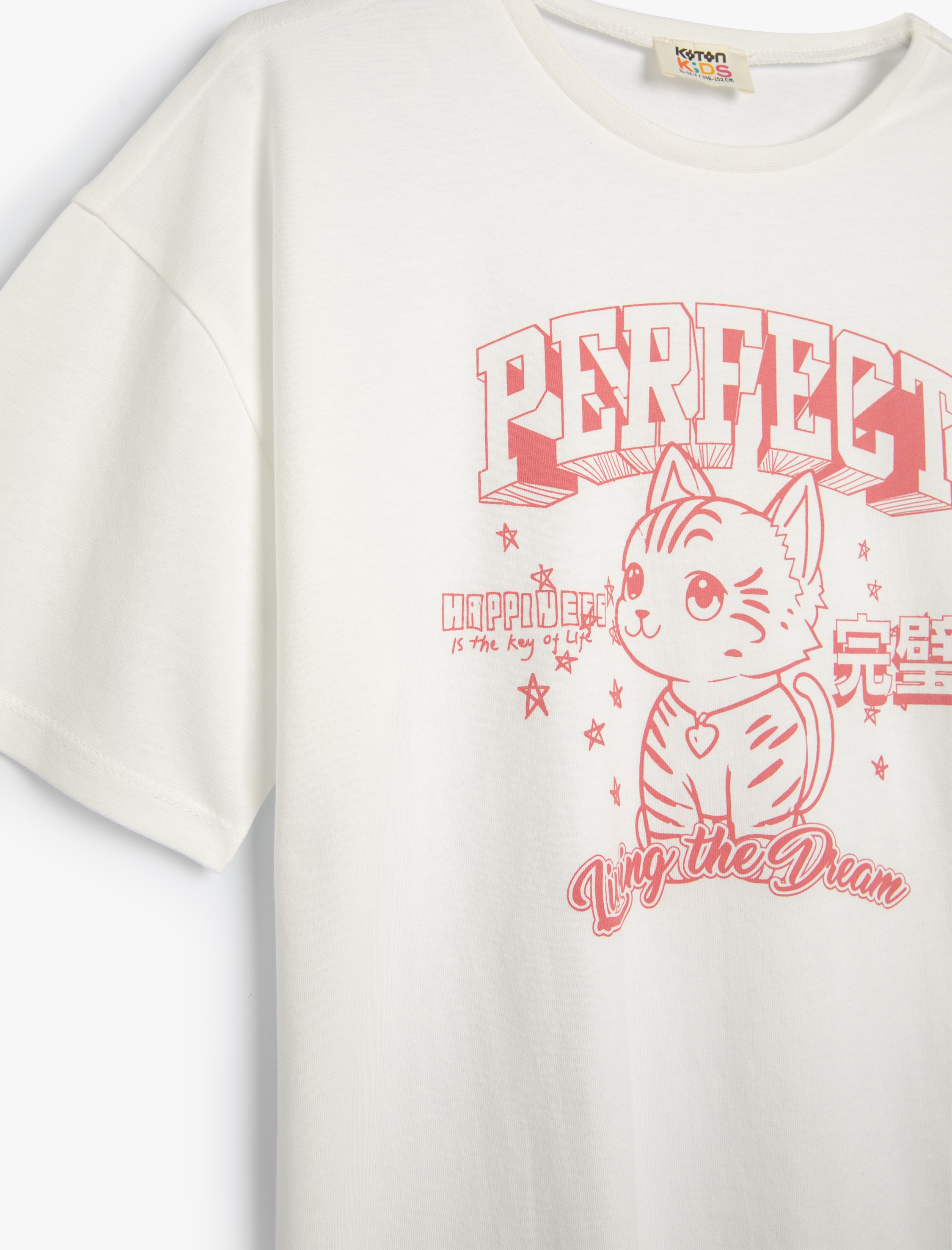  Kız Çocuk Tişört Kedi Baskılı Bisiklet Yaka Kısa Kollu Pamuklu