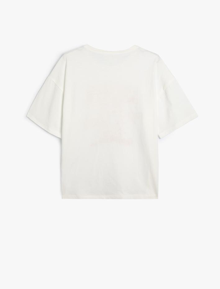 Kız Çocuk Tişört Kedi Baskılı Bisiklet Yaka Kısa Kollu Pamuklu