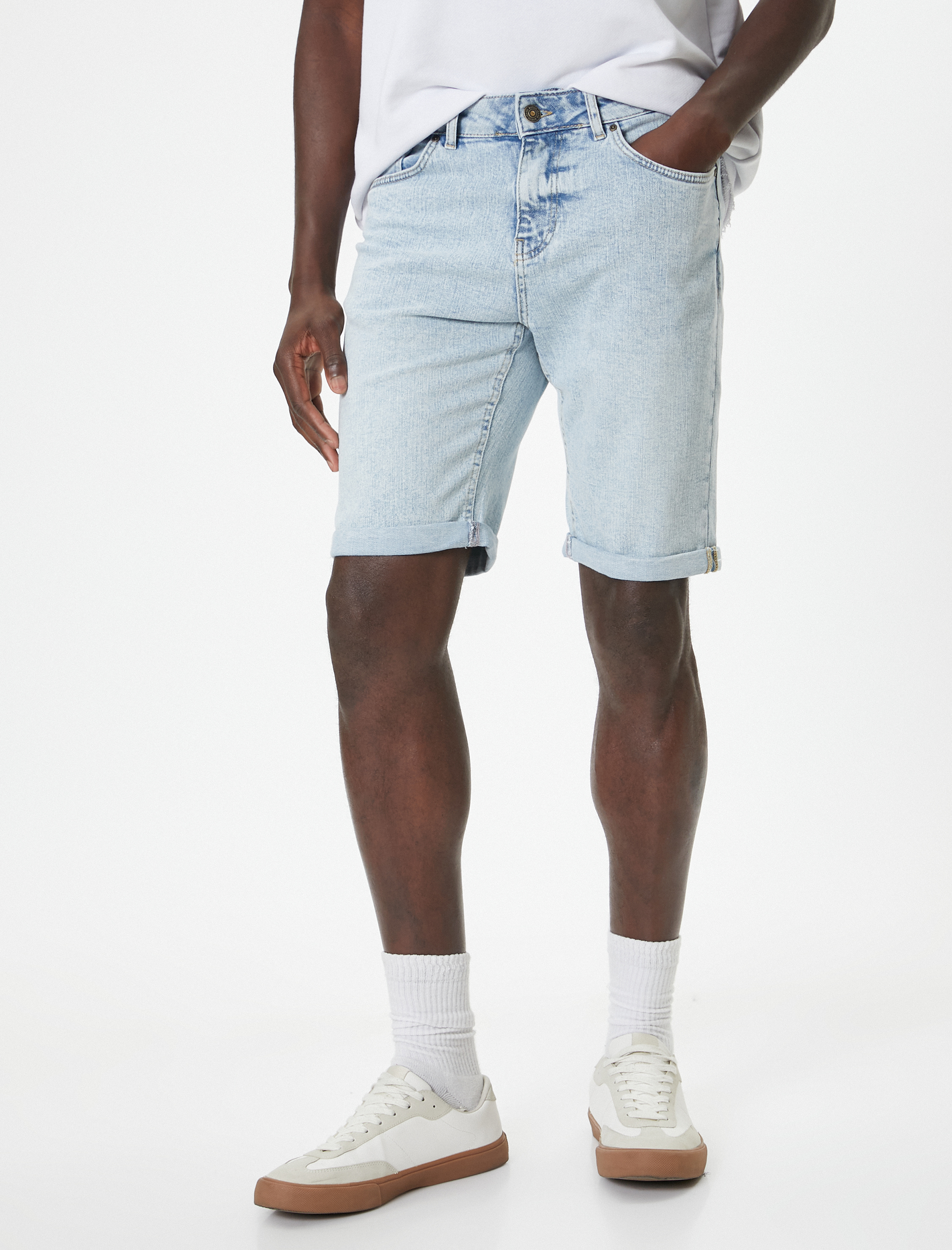   Slim Fit Kot Şort Bermuda Düğmeli Cep Detaylı