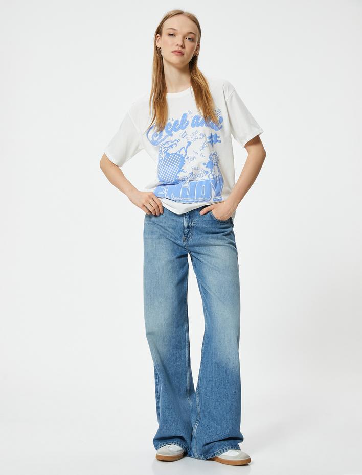  Oversize Tişört Slogan Baskılı Bisiklet Yaka Kısa Kollu Pamuklu