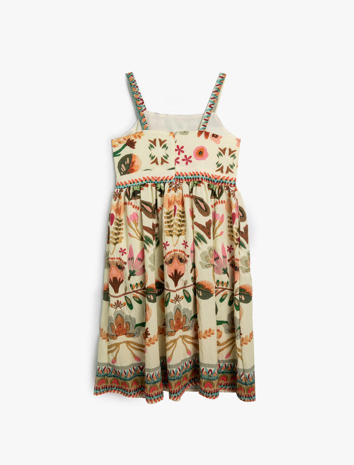 Kız Çocuk Askılı Elbise Viskon Kumaş Çiçek Desenli Kare Yaka