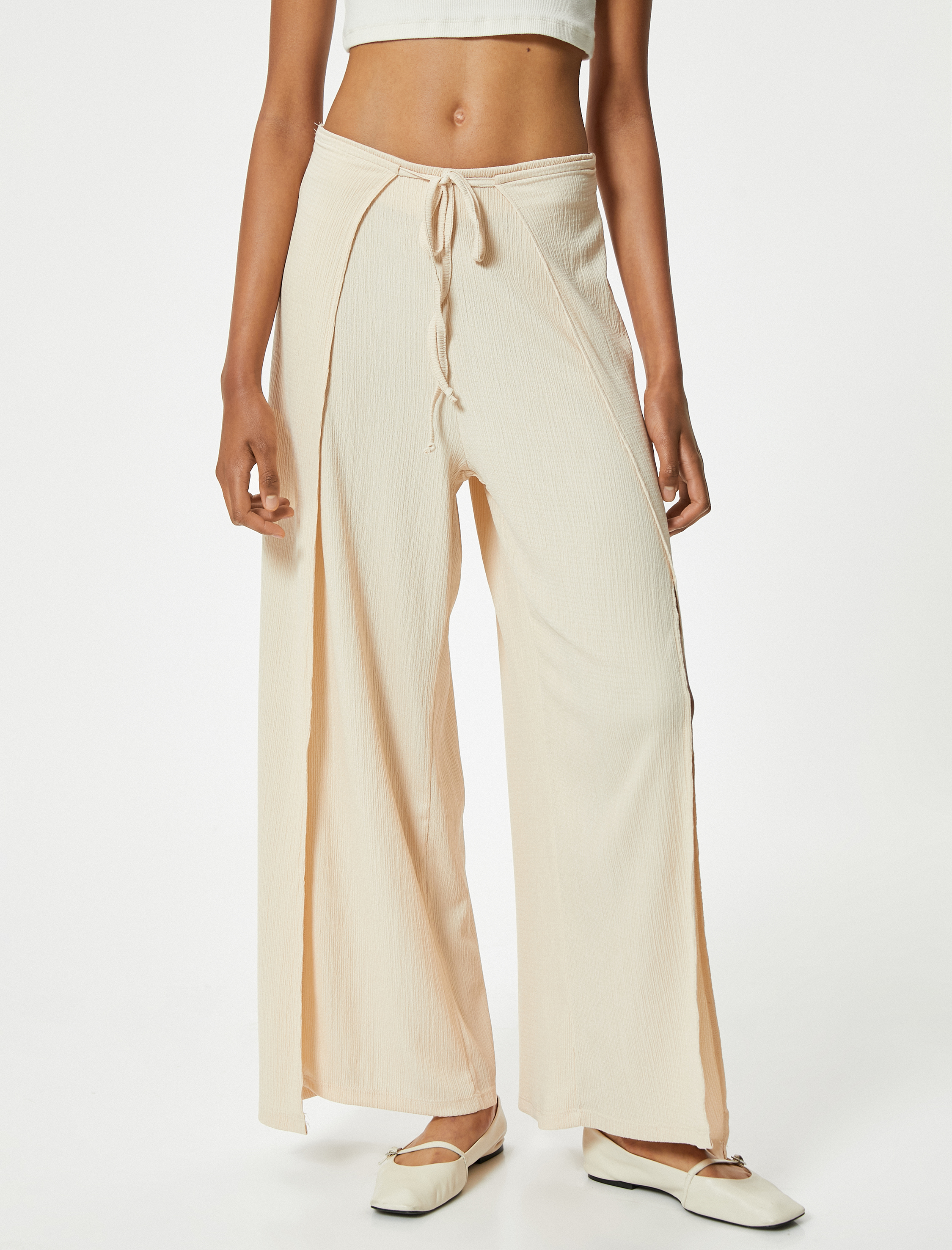   Kruvaze Pantolon Bol Paça Rahat Kalıp Beli Lastikli Bürümcük