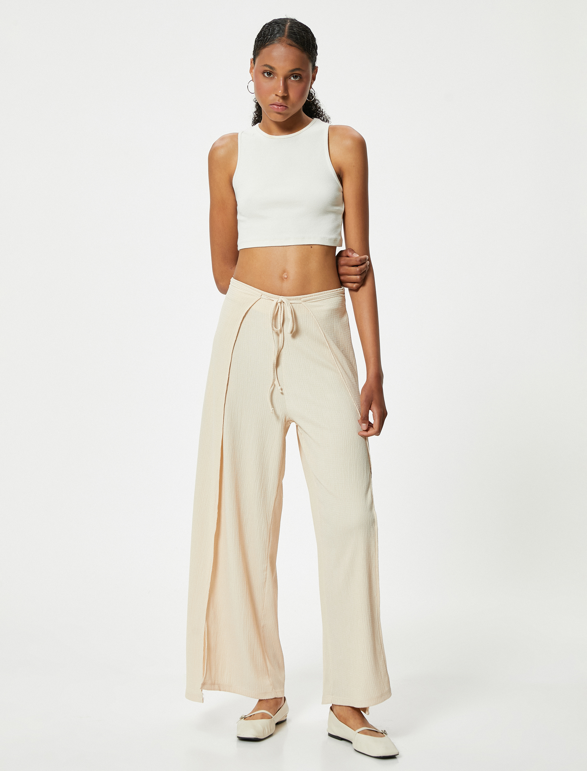   Kruvaze Pantolon Bol Paça Rahat Kalıp Beli Lastikli Bürümcük