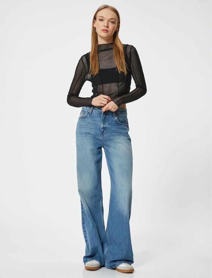  Uzun Kollu Tişört Transparan Nervürlü Dik Yaka