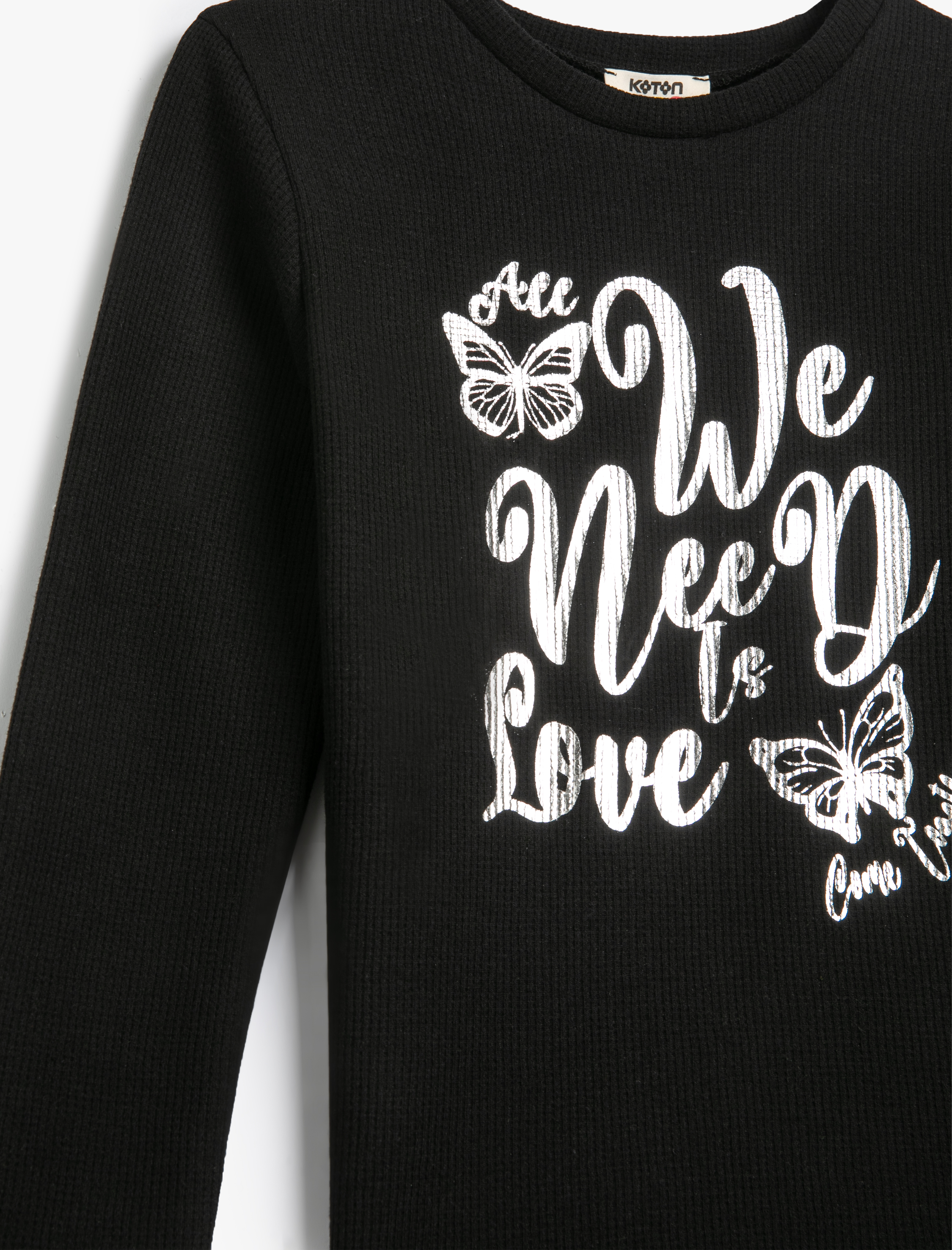  Kız Çocuk Slogan Baskılı Bisiklet Yaka Uzun Kollu Tişört