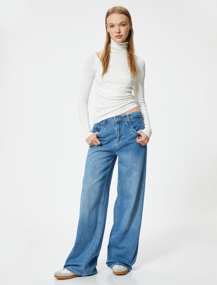  Uzun Kollu Balıkçı Yaka Pencere Detaylı Viskon Tişört