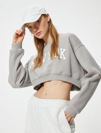 Crop Oversize Sweatshirt Kolej Baskılı Bisiklet Yaka