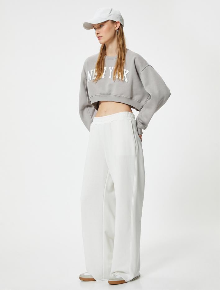  Şardonlu Crop Oversize Sweatshirt Kolej Baskılı Bisiklet Yaka