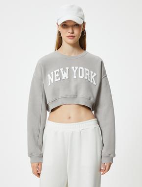 Crop Oversize Sweatshirt Kolej Baskılı Bisiklet Yaka_2